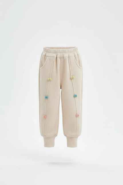 Pantalon Beige Côtelé Chaud Décontracté Pompons Colorés - Cordé - vue 3