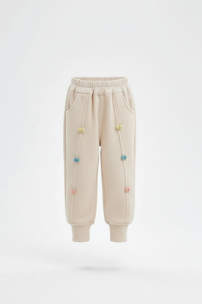 Pantalon Beige Côtelé Chaud Décontracté Pompons Colorés - Cordé - vue 3