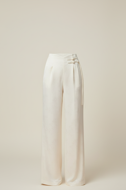 Pantalon Beige Satiné Jacquard Ample Élégant - vue 3