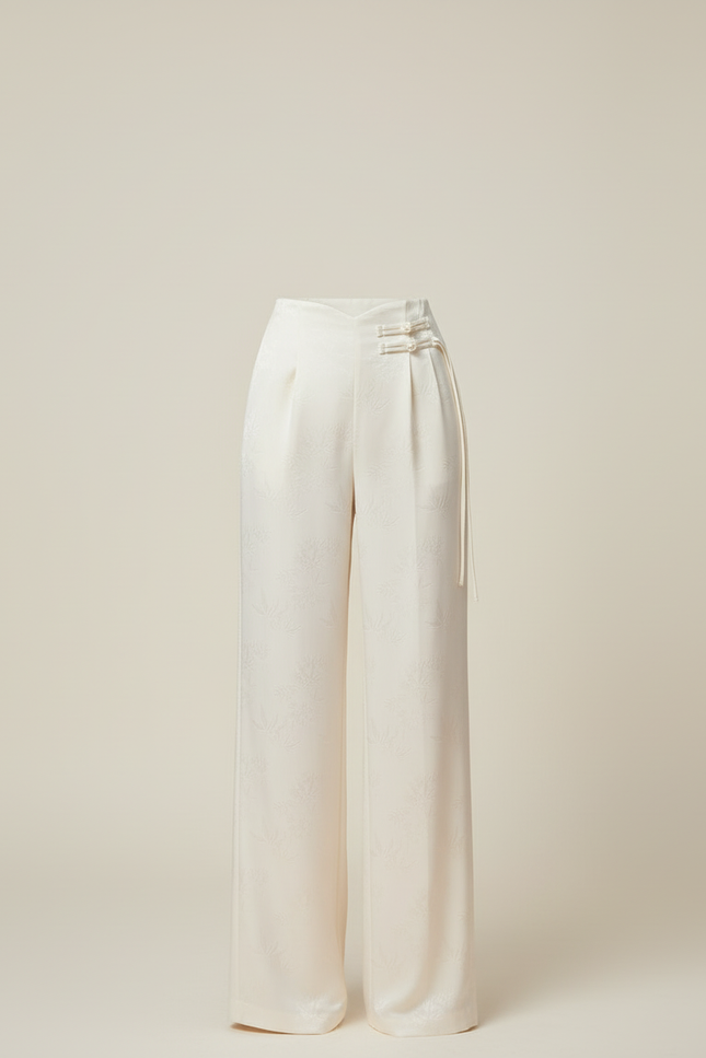 Pantalon Beige Satiné Jacquard Ample Élégant - vue 3