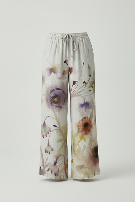 Pantalon Beige Fleuri Ample Fluide Décontracté - Multicolore Lin - vue 3