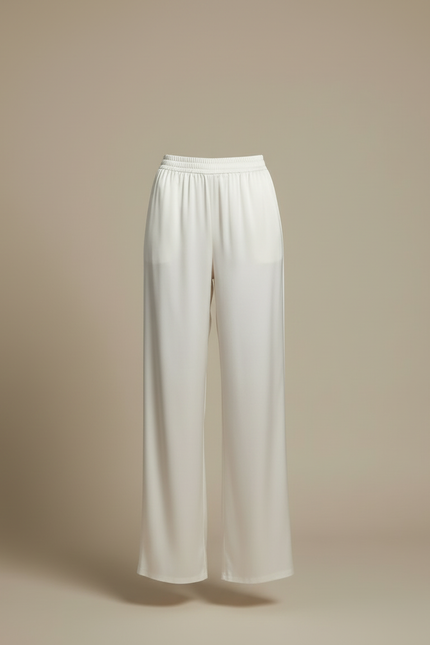 Pantalon Beige Satiné Ample Fluide Élégant Femme - Blanc - vue 3