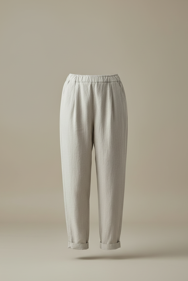 Pantalon Beige Lin Ample Taille Haute Décontracté Élégant - vue 3