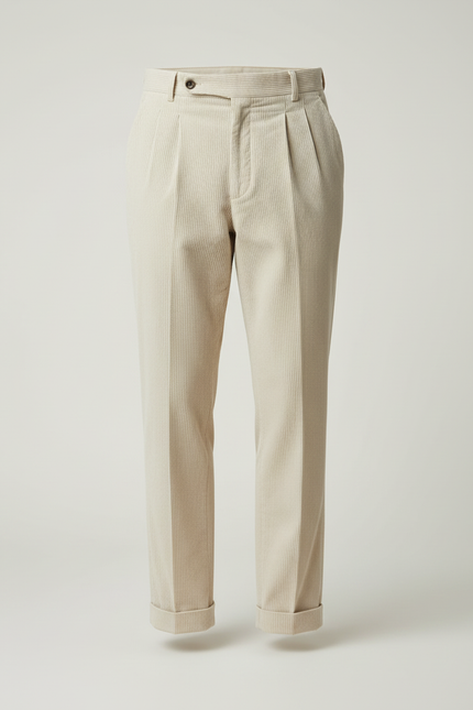 Pantalon Beige Côtelé Plissé Droit Élégant Décontracté - Cordé - vue 3