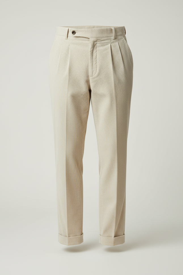 Pantalon Beige Côtelé Plissé Droit Élégant Décontracté - Cordé - vue 3