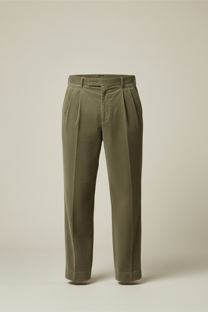 Pantalon Beige Côtelé Ample Plissé Décontracté Homme - Kaki Cordé - vue 3