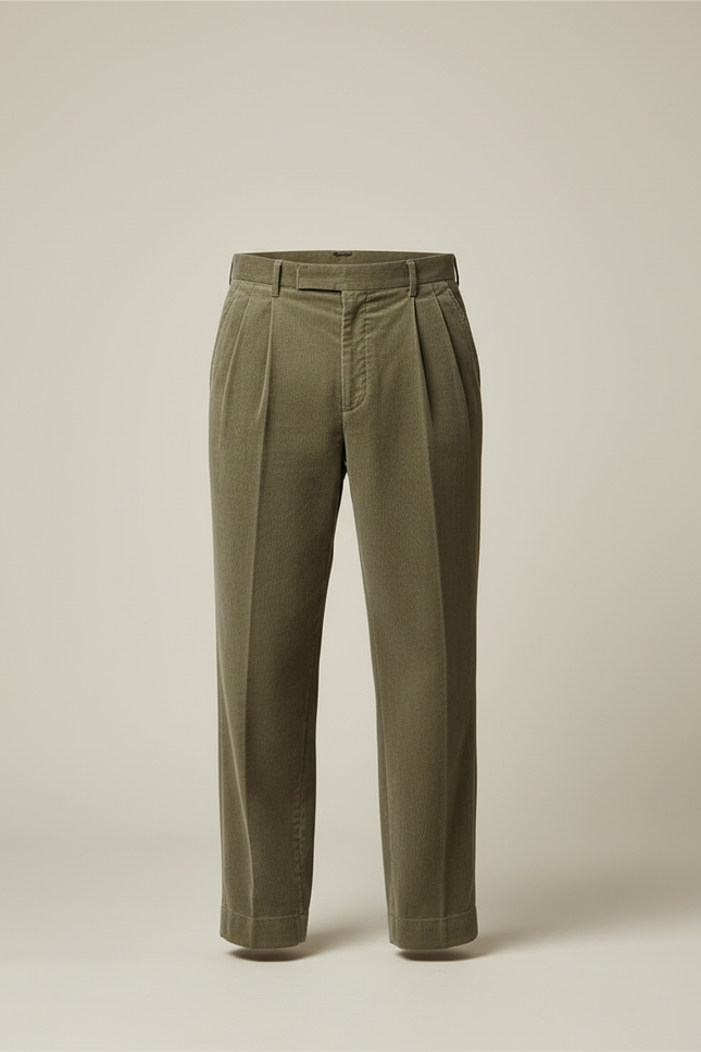 Pantalon Beige Côtelé Ample Plissé Décontracté Homme - Kaki Cordé - vue 3