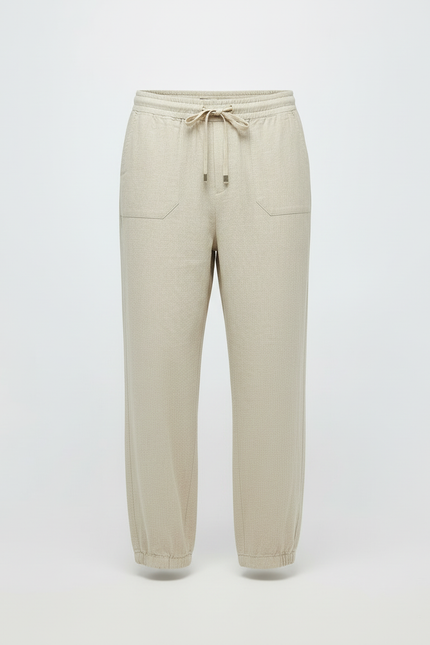 Pantalon Beige Ample Cordon Lin Homme Décontracté - vue 3