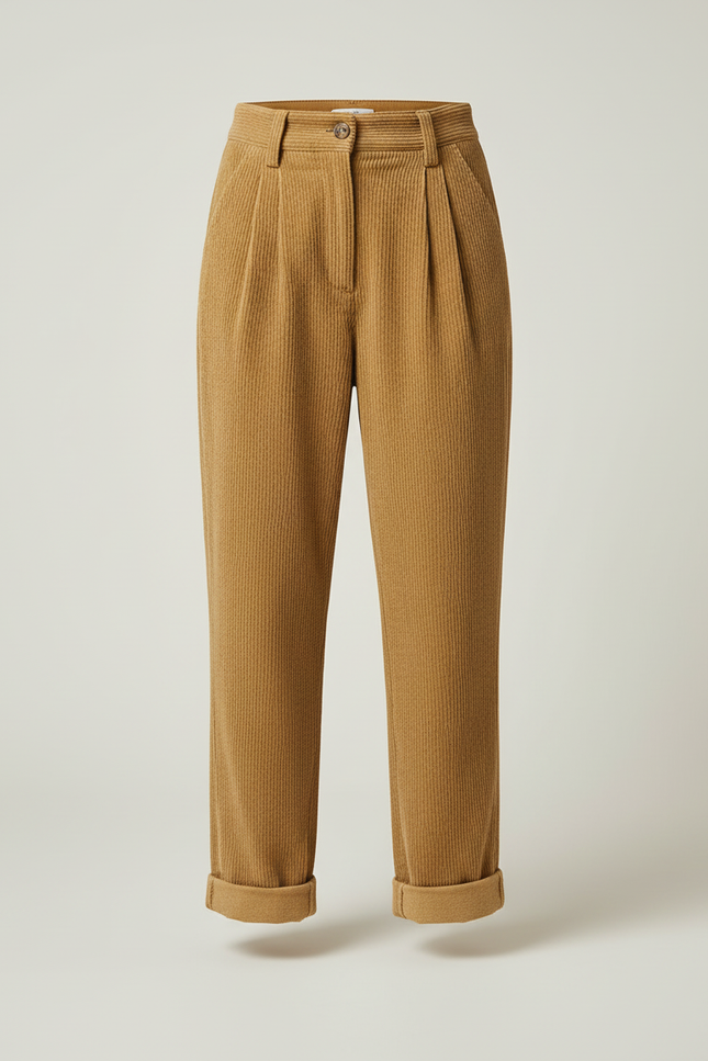 Pantalon Beige Côtelé Ample Taille Haute Décontracté - Camel Cordé - vue 3