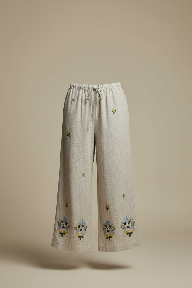 Pantalon Beige Lin Brodé Ample Décontracté Femme - vue 3