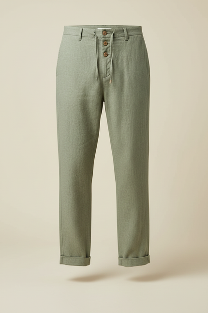 Pantalon Beige Lin Coton Décontracté Droit Homme - Vert - vue 3