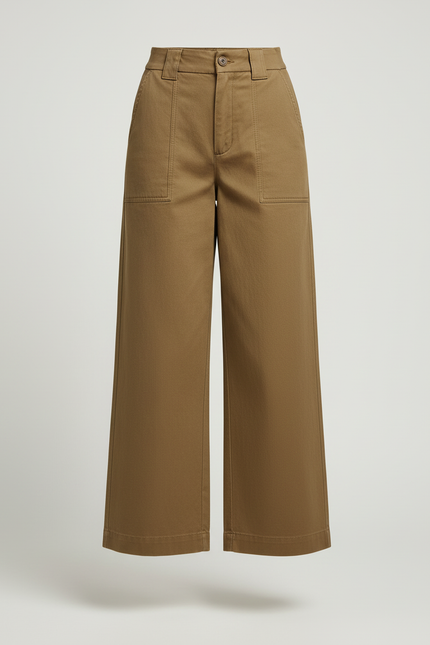 Pantalon Beige Coton Ample Taille Haute Cargo - Kaki Toile - vue 3