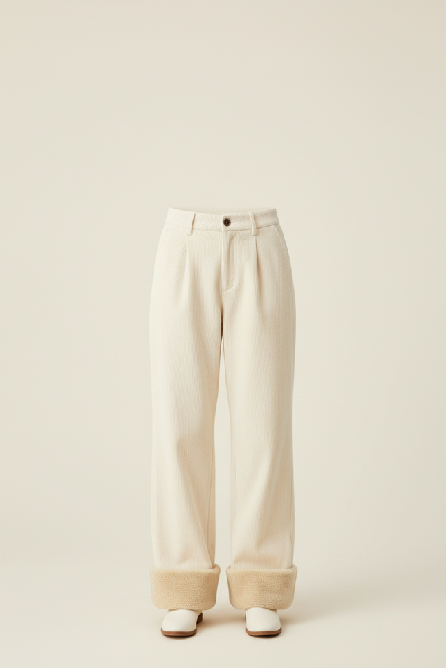 Pantalon Beige Côtelé Ample Plissé Doublé Femme - Cordé - vue 3