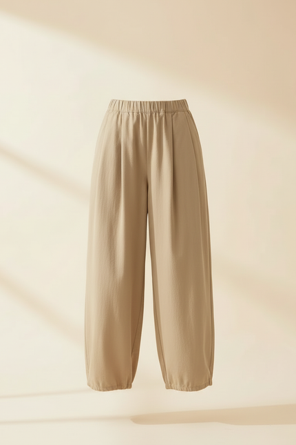 Pantalon Beige Plissé Ample Décontracté Femme Coton - vue 3