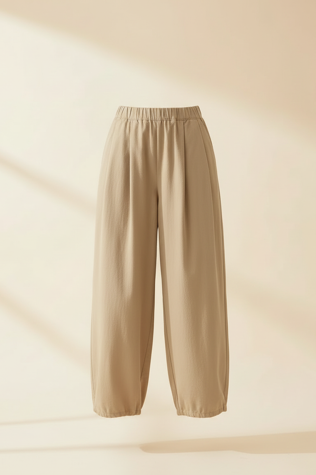 Pantalon Beige Plissé Ample Décontracté Femme Coton - vue 3
