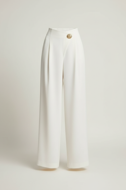 Pantalon Beige Femme Élégant Taille Haute Ample - Blanc Polyester - vue 3