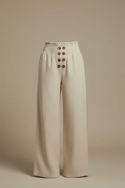 Pantalon Beige Lin Ample Taille Haute Boutons - vue 3