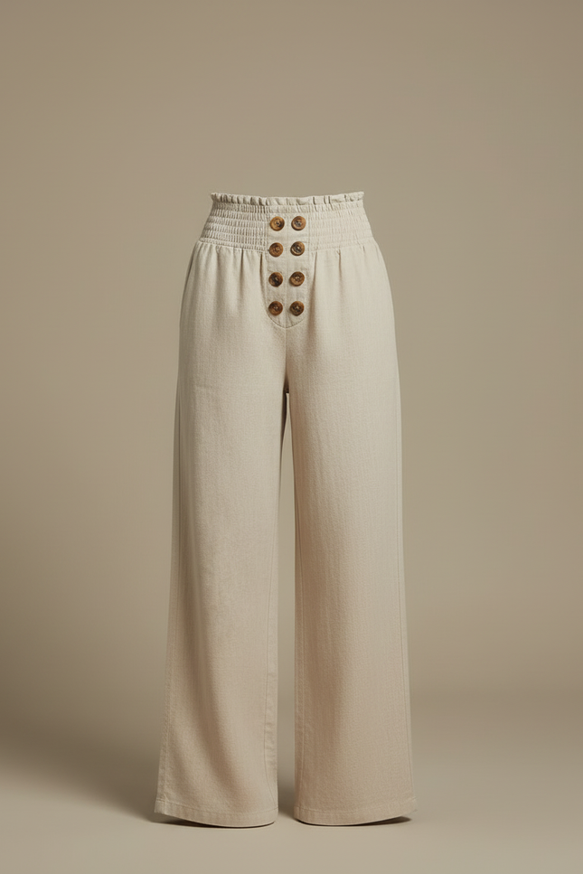 Pantalon Beige Lin Ample Taille Haute Boutons - vue 3