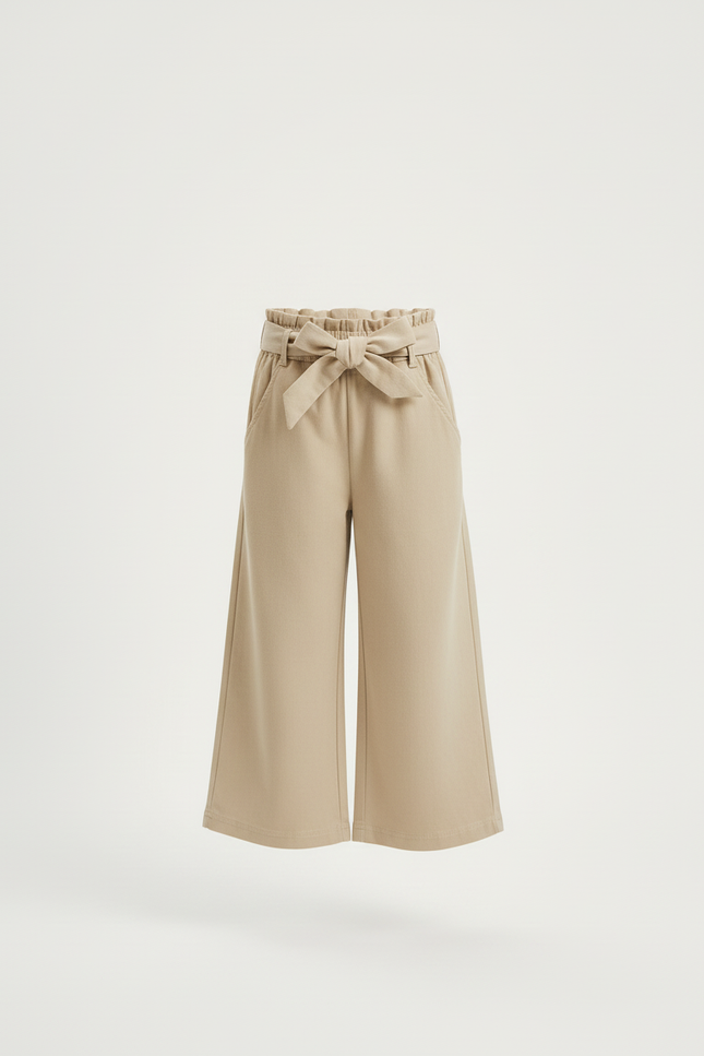 Pantalon Beige Ample Ceinturé Coton Fille Décontracté - vue 3