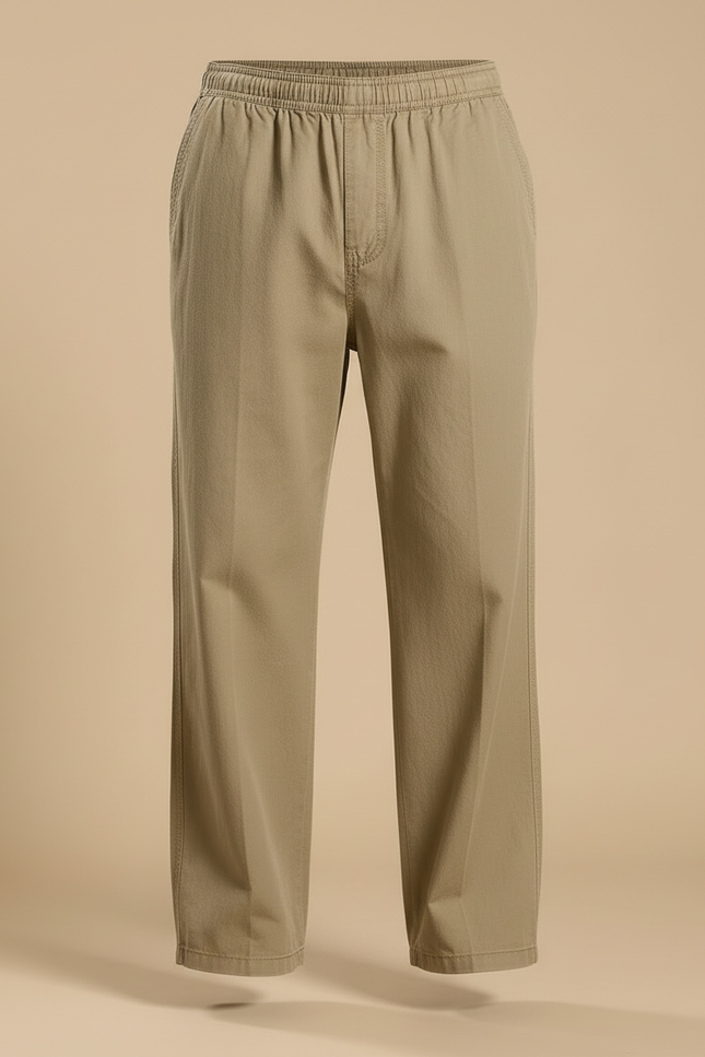 Pantalon Beige Taille Elastique - Kaki Coton - vue 3