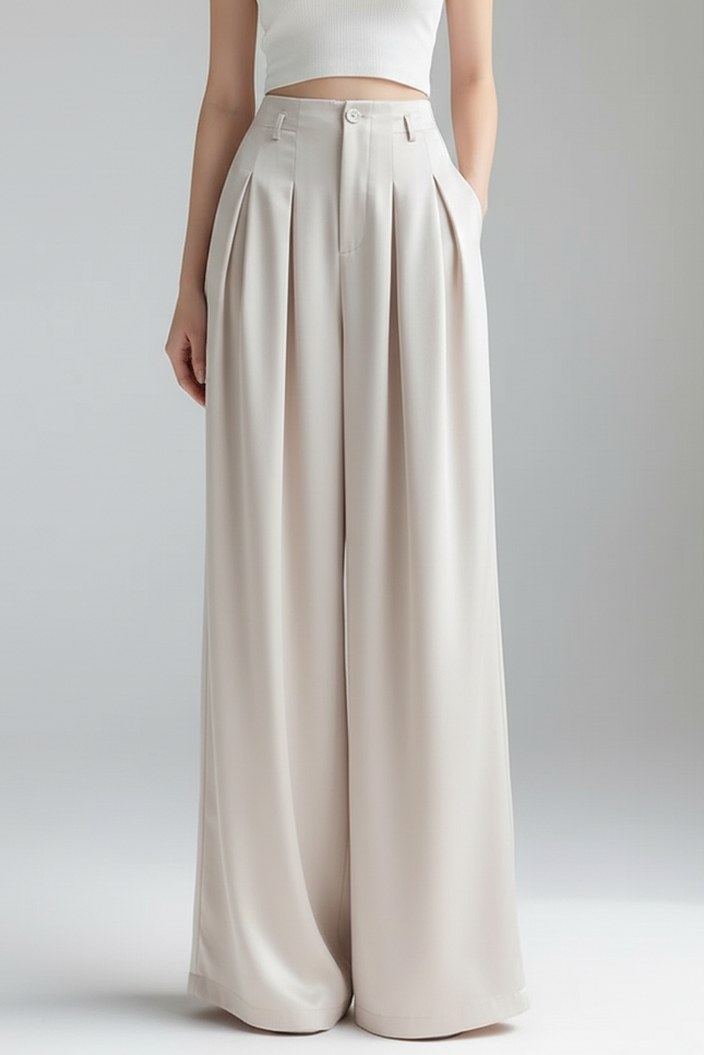 Pantalon Beige Satiné Ample Fluide Élégant Taille Haute - vue 3