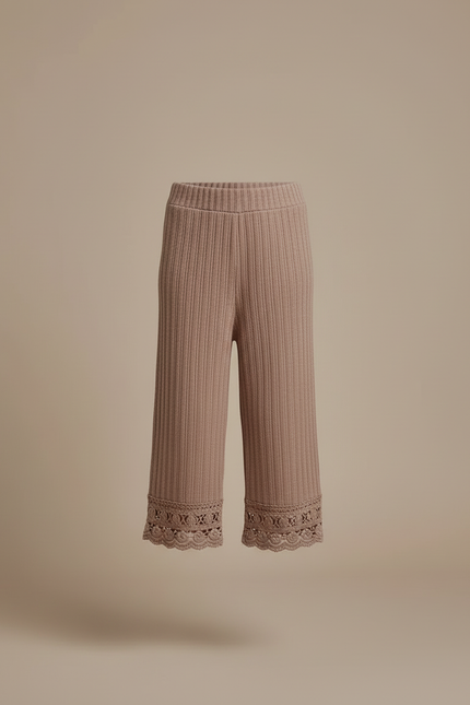 Pantalon Beige Côtelé Dentelle Tricoté Ample Fille - Marron Maille - vue 3