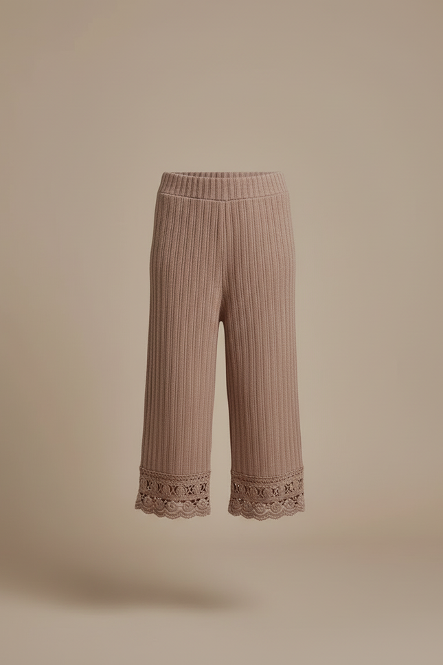 Pantalon Beige Côtelé Dentelle Tricoté Ample Fille - Marron Maille - vue 3