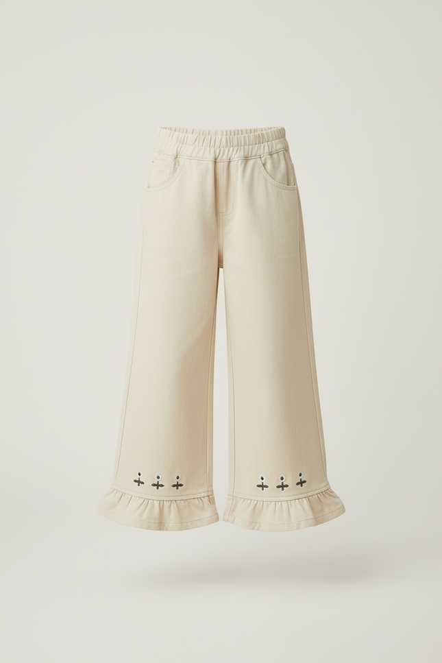 Pantalon Beige Ample Brodé Volants Enfant Coton - vue 3