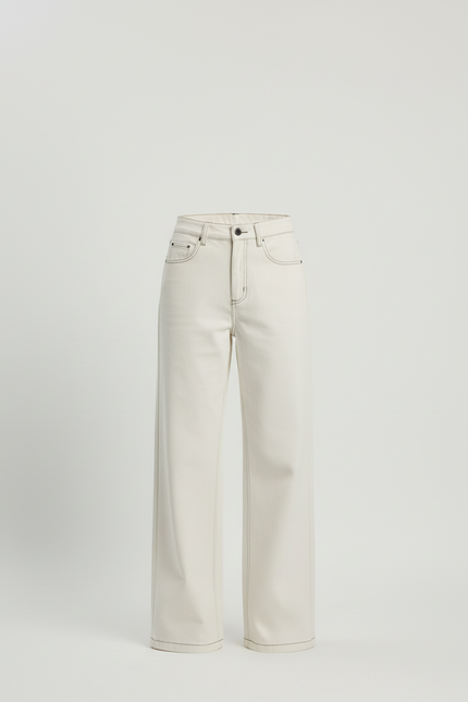 Pantalon Beige Écru Large Coton Droit Élégant Femme - Jean - vue 3
